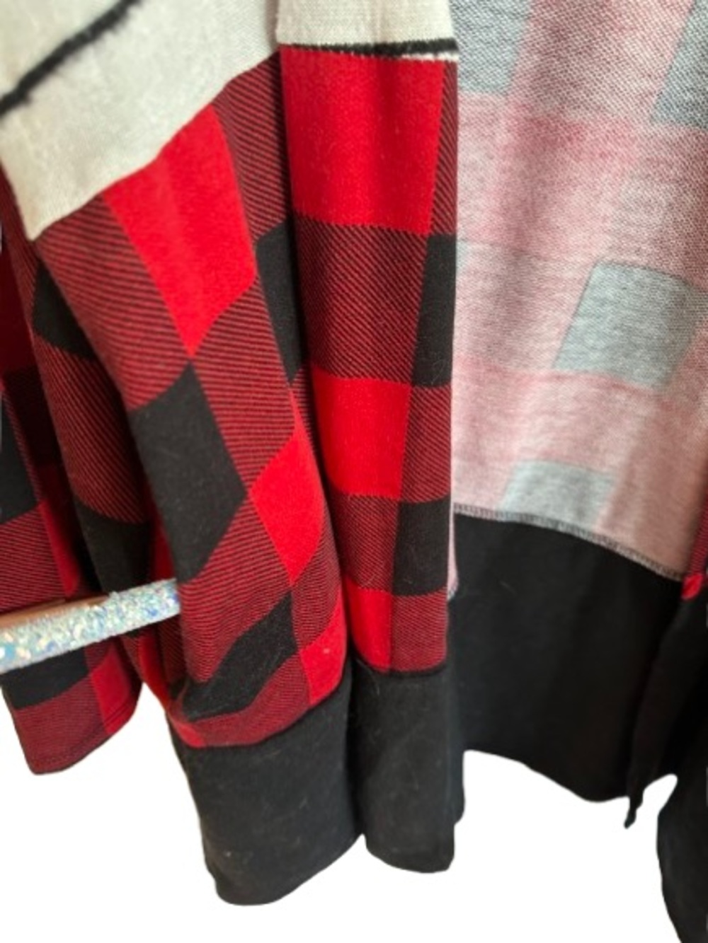 Striped & Buffalo Plaid Open Cardigan - Cream, Red, Black - Picture 3 of 6